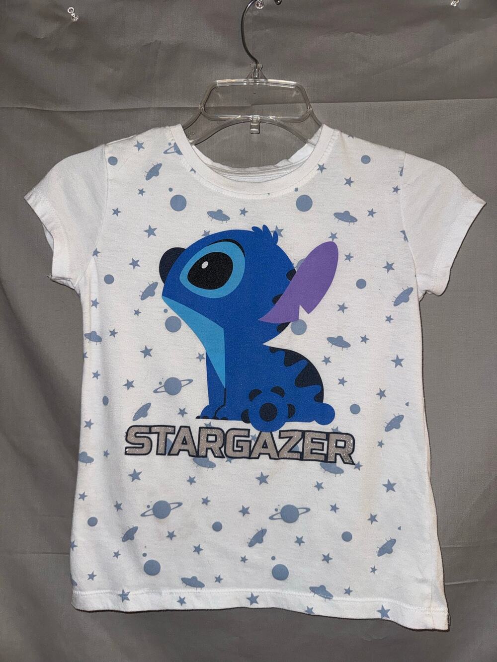Disney Stitch Girls Stargazer Space T-shirt White Blue Purple, Size M (7/8)